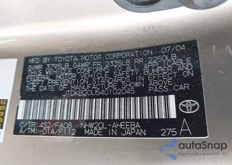 2004 Toyota Prius из США, поврежденный, VIN JTDKB20U540102045